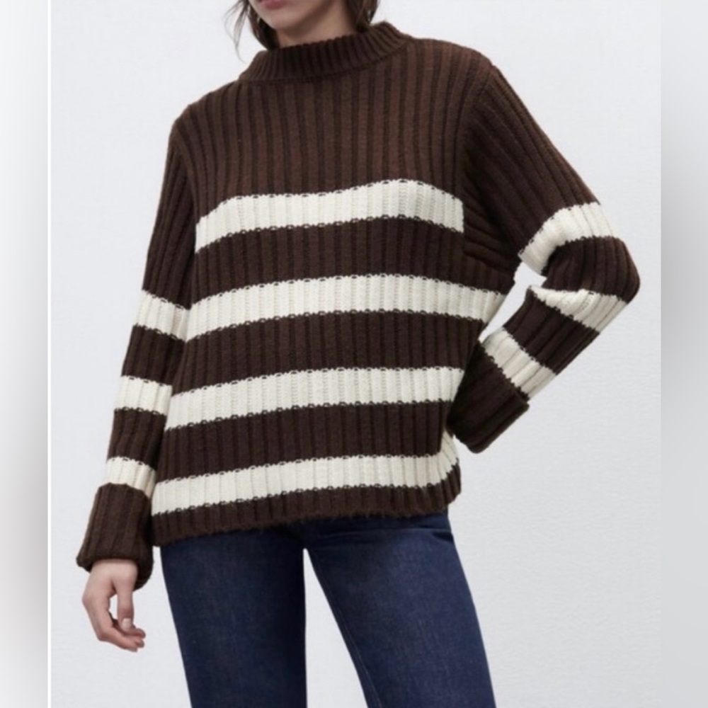 Zara Brown and Cream Striped Long Sleeve Crewneck thick Ribbed Sweater EUC - Picture 2 of 7